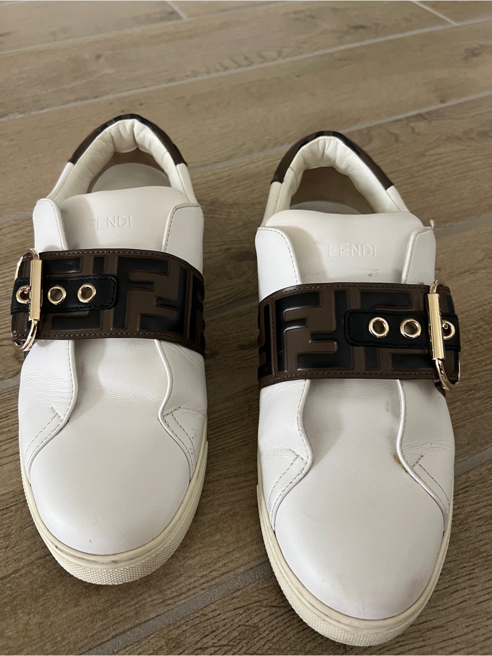 Fendi White Leather Slip-On Sneakers with Brown FF Strap